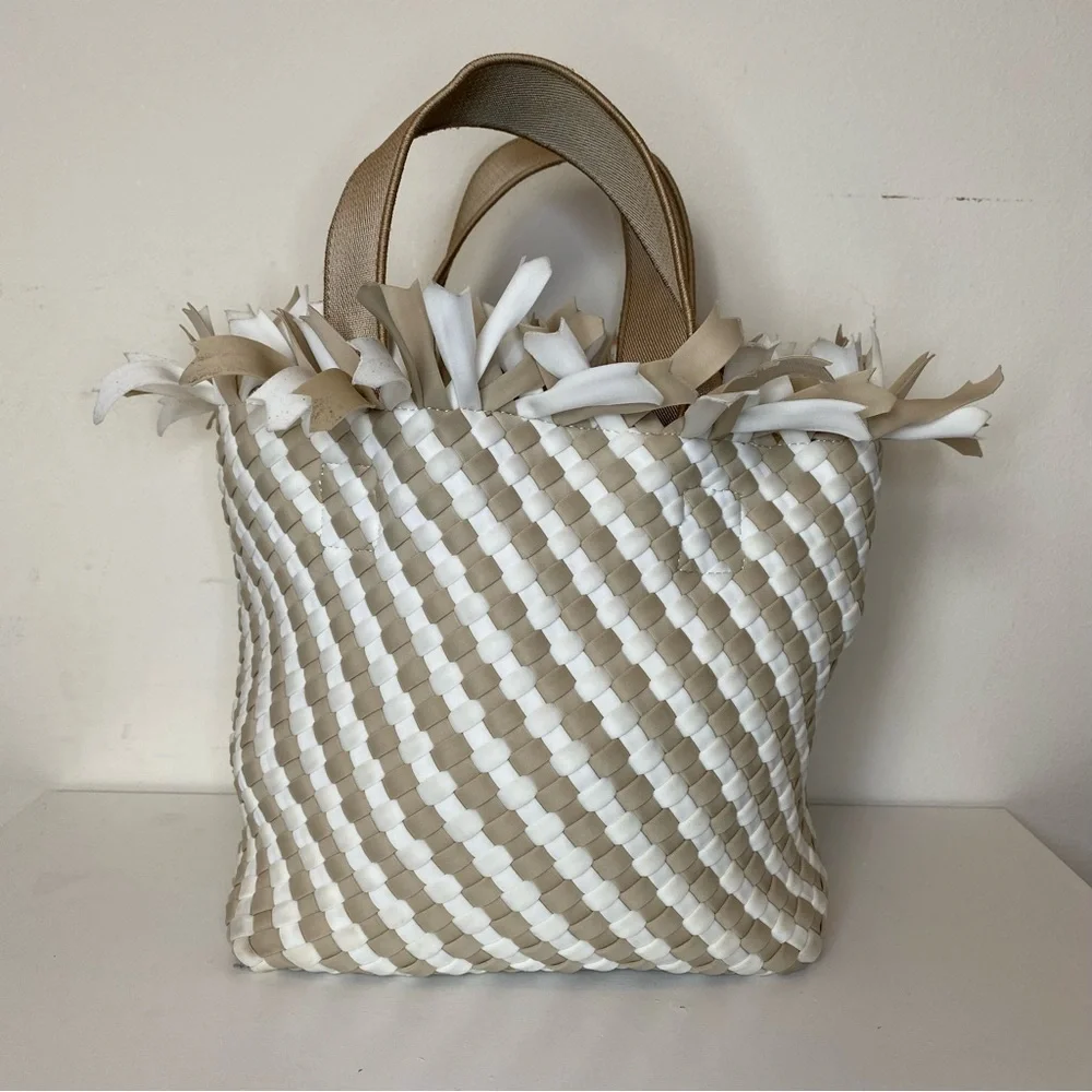NAGHEDI Havana Small Woven Neoprene Tote Fringe Crossbody Striped Almaza Tan - Picture 6 of 15